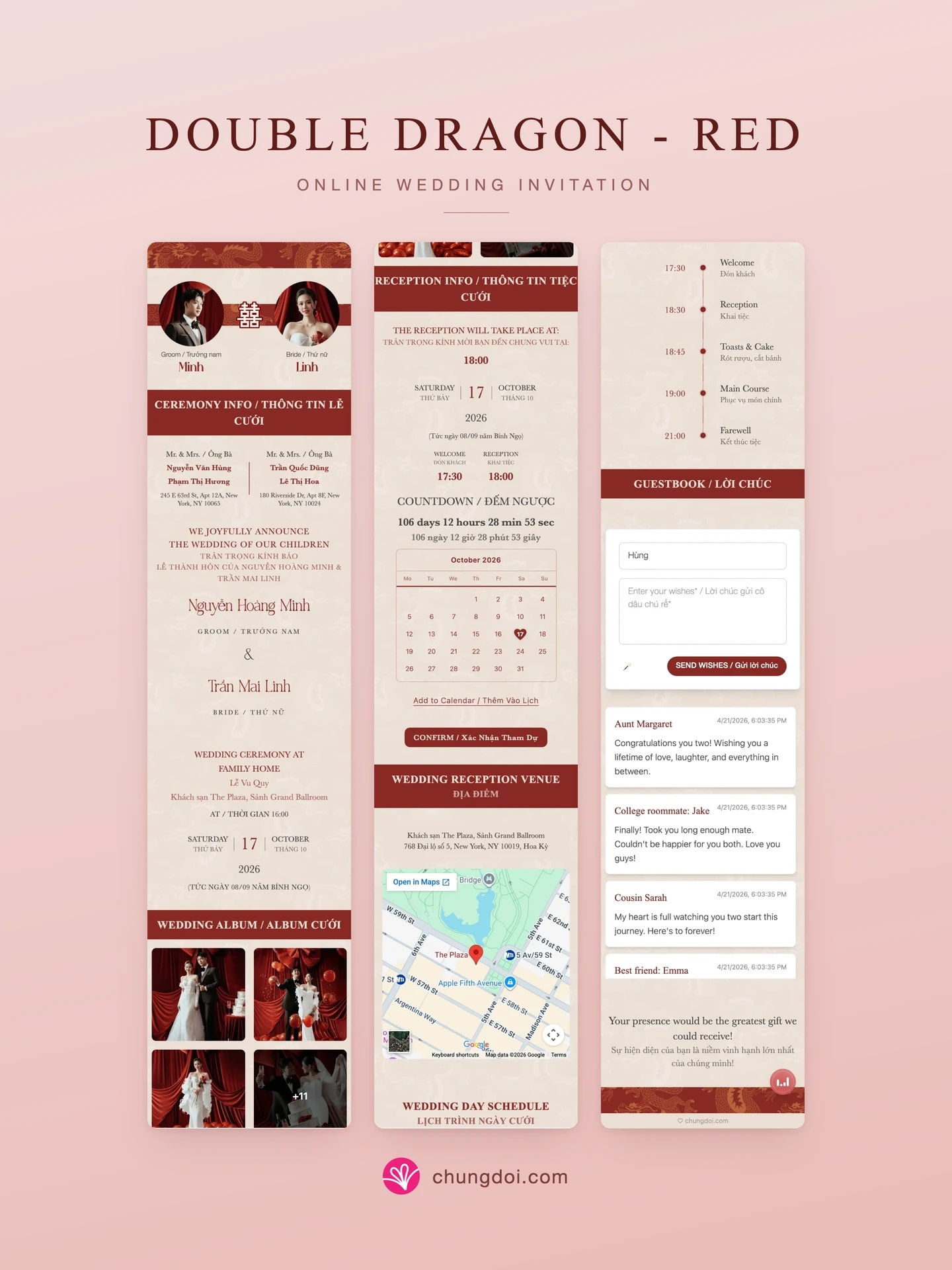 Full view of the Double Dragon - Red wedding invitation: its three sections side by side