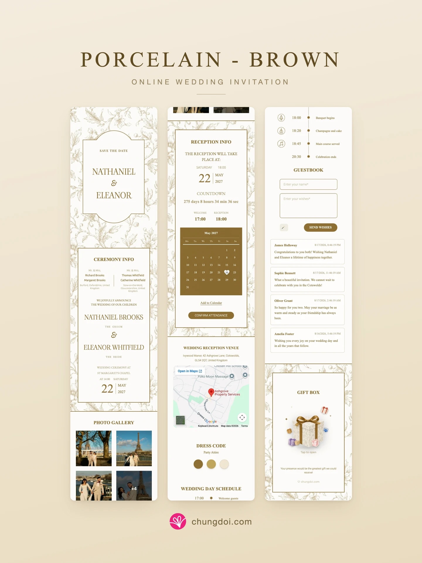 Full view of the Porcelain - Brown wedding invitation: its three sections side by side