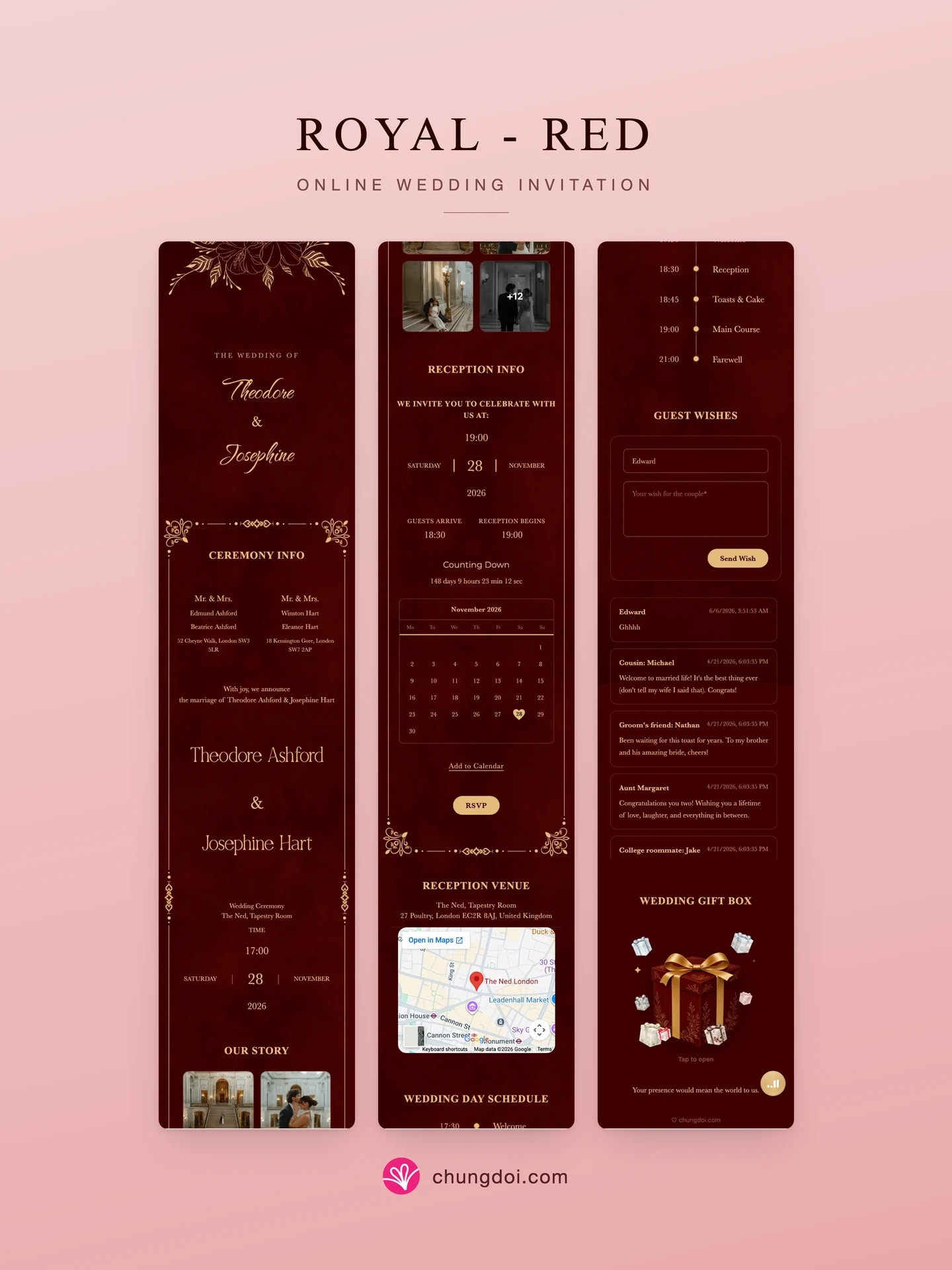 Full view of the Royal - Red wedding invitation: its three sections side by side