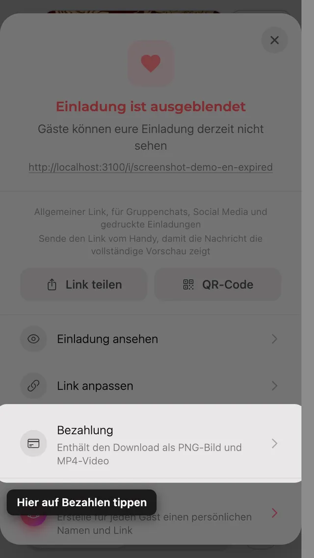 Die Zahlungsoption im Teilen-Fenster