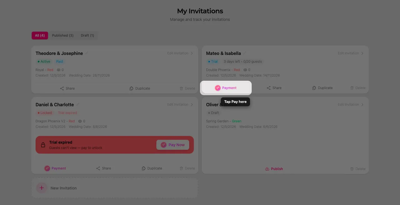The Pay button on an invitation card on the My Invitations page
