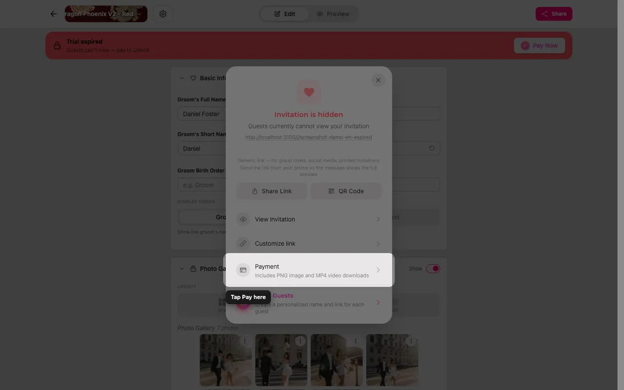 The payment option in the Share panel