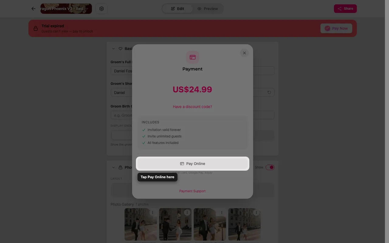The pay online button on the payment screen
