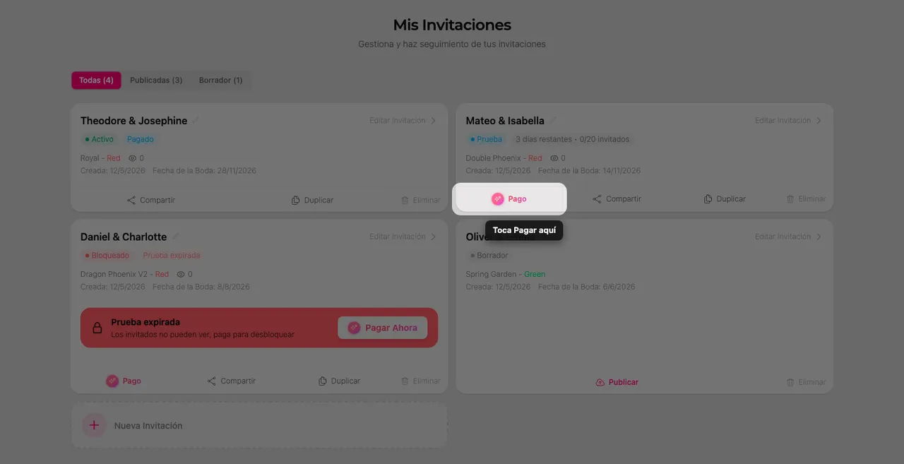 Una tarjeta de invitación en la página Mis invitaciones