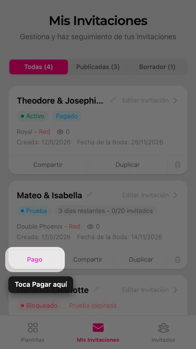 Una tarjeta de invitación en la página Mis invitaciones
