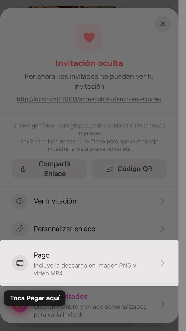 La opción de pago en el panel Compartir
