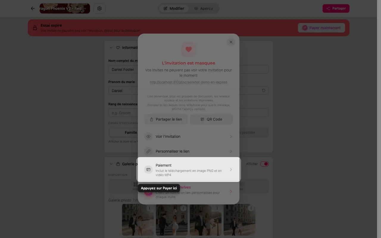 L'option de paiement dans le panneau Partager