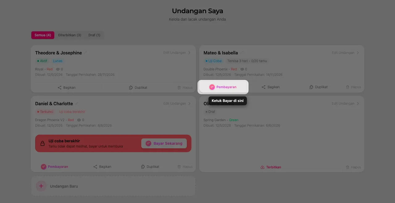 Tombol Bayar pada kartu undangan di halaman Undangan Saya