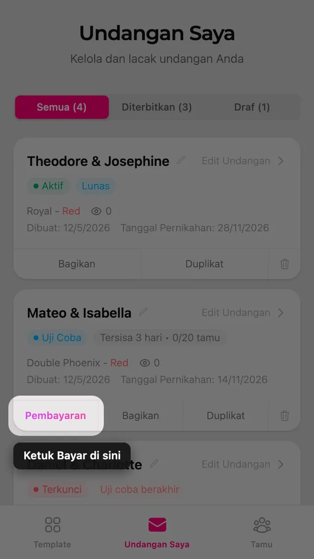 Tombol Bayar pada kartu undangan di halaman Undangan Saya