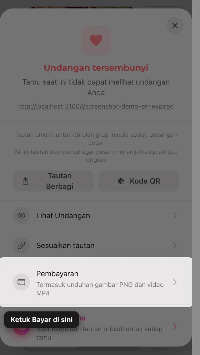 Opsi pembayaran di panel Bagikan