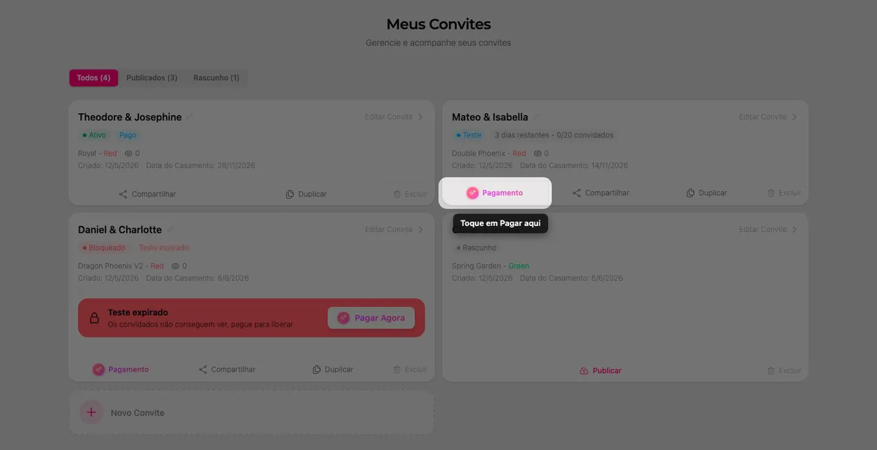 O botão Pagar no cartão de um convite na página Meus convites
