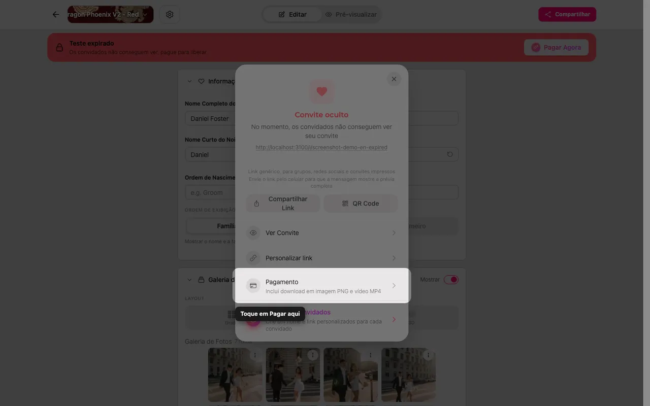 A opção de pagamento no painel Compartilhar