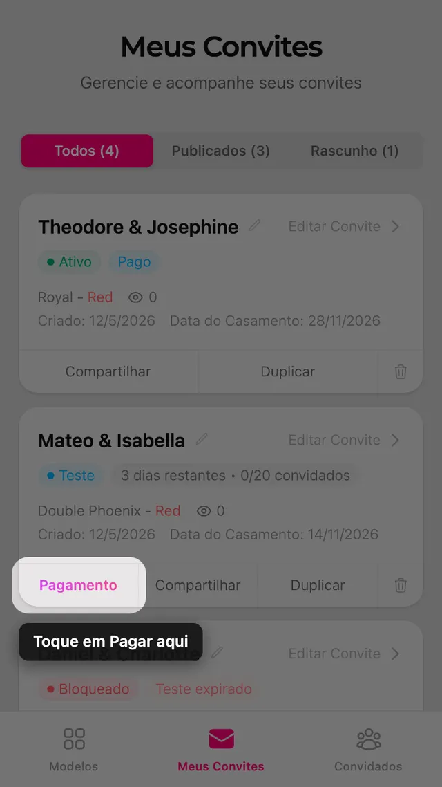 O botão Pagar no cartão de um convite na página Meus convites