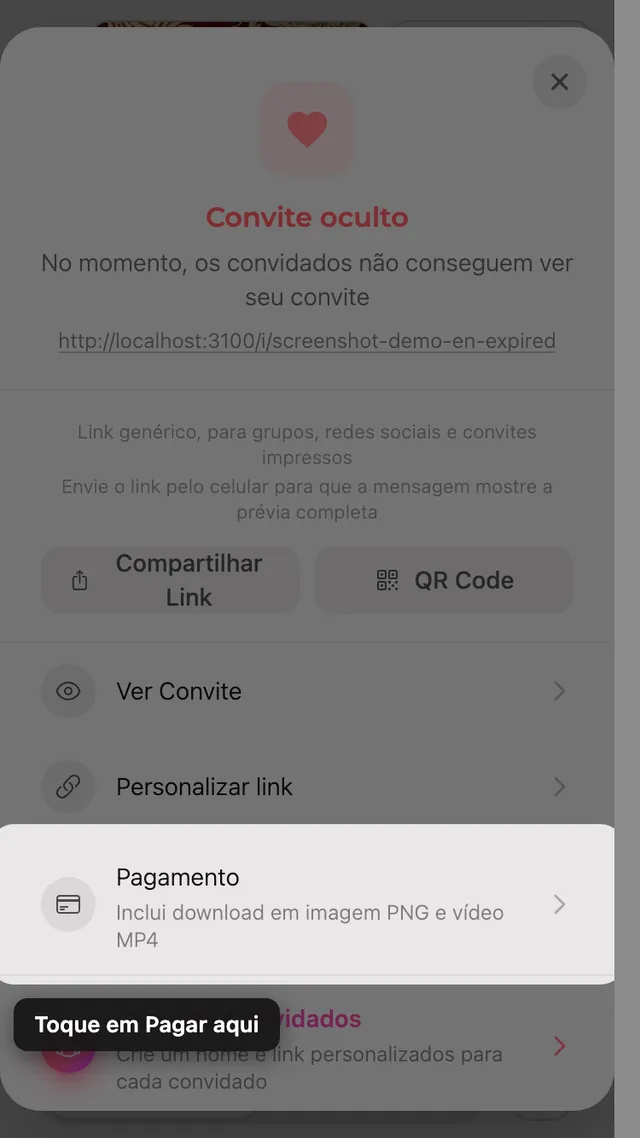 A opção de pagamento no painel Compartilhar