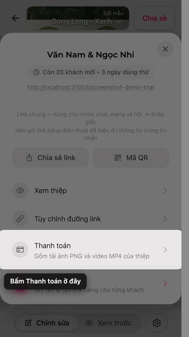 Tùy chọn thanh toán trong bảng Chia sẻ