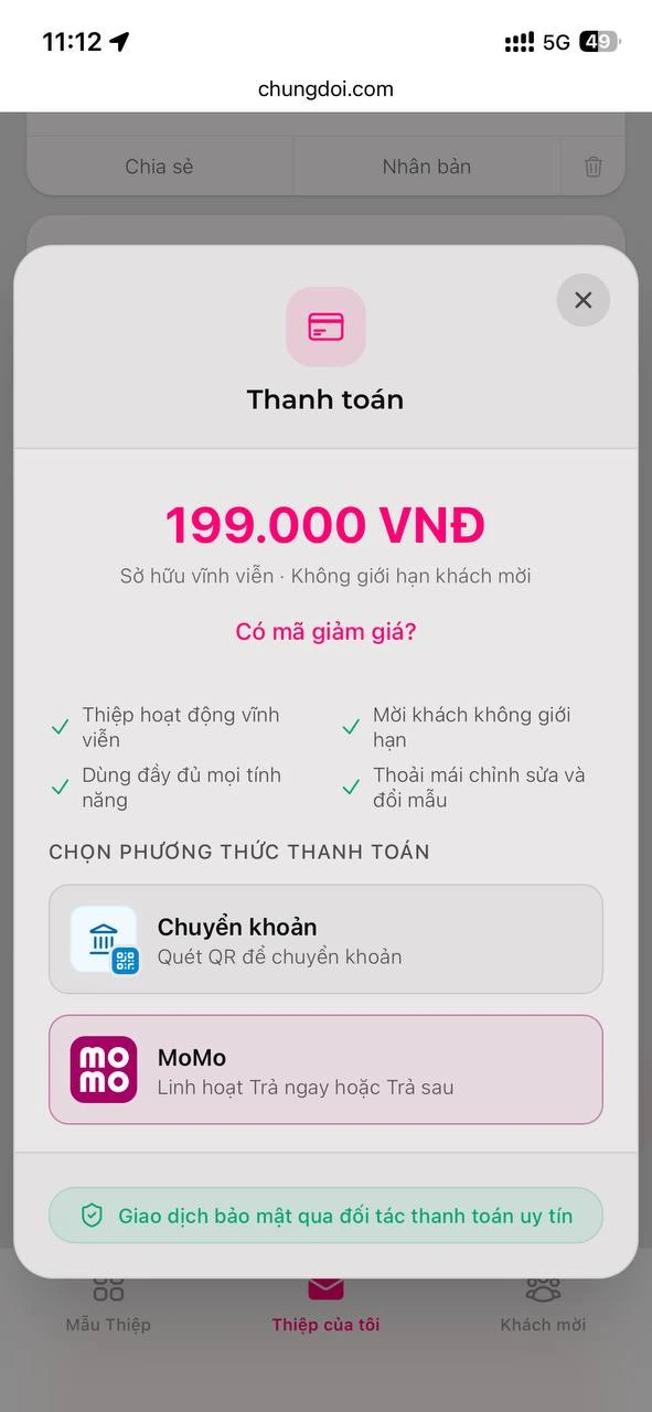 Màn hình chọn phương thức thanh toán chuyển khoản hoặc MoMo