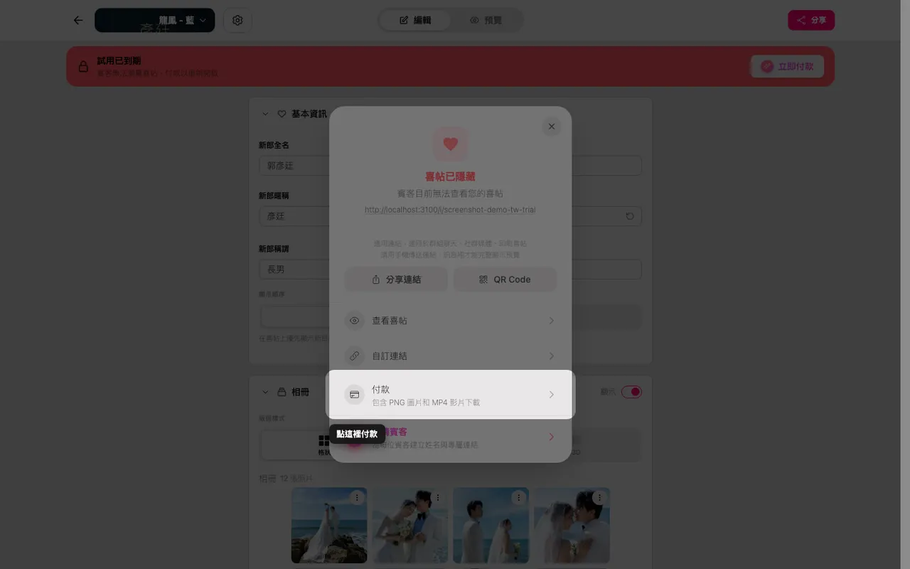分享面板中的付款選項