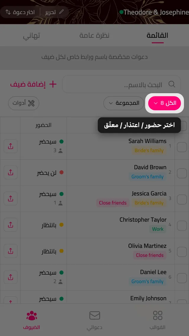 مرشّح حالة تأكيد الحضور في صفحة الضيوف