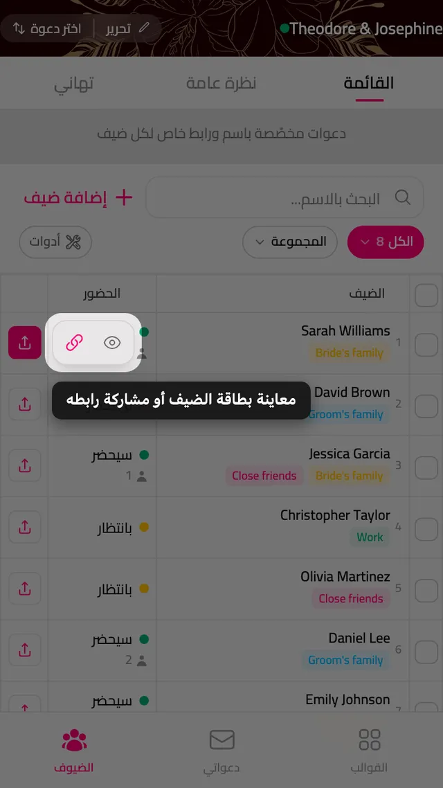 أزرار الإرسال السريع في صف الضيف
