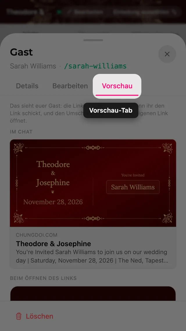 Der Vorschau-Tab eines Gastblatts, mit der Linkvorschau und dem Umschlag auf den Namen des Gastes