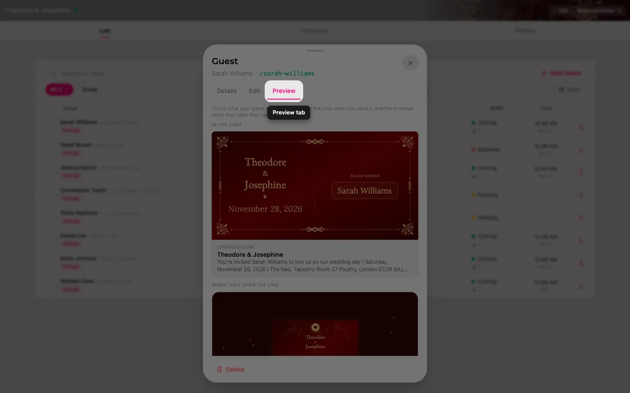 The preview tab of a guest sheet, showing the link card and the envelope with the guest's name