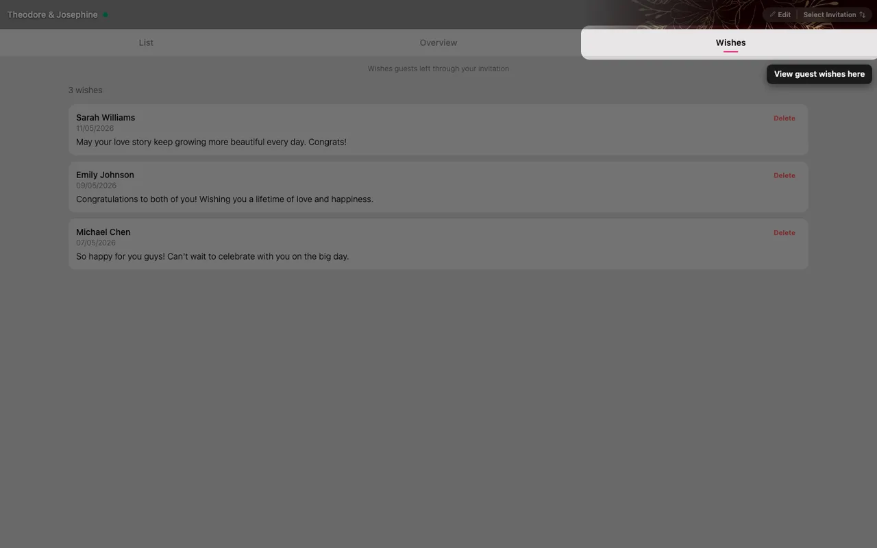The Wishes tab, showing messages guests left on the card