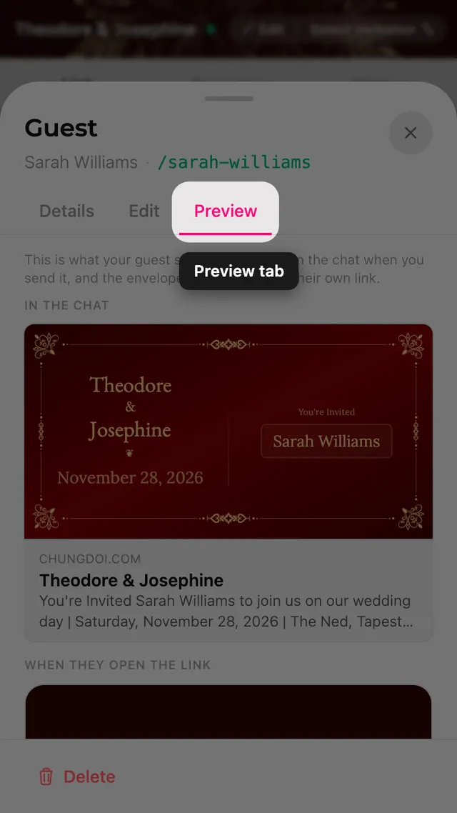 The preview tab of a guest sheet, showing the link card and the envelope with the guest's name