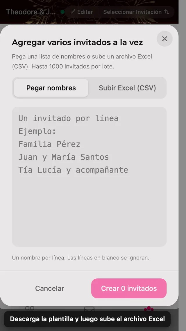 El panel de alta masiva, con una pestaña para pegar nombres y otra para subir una hoja de cálculo