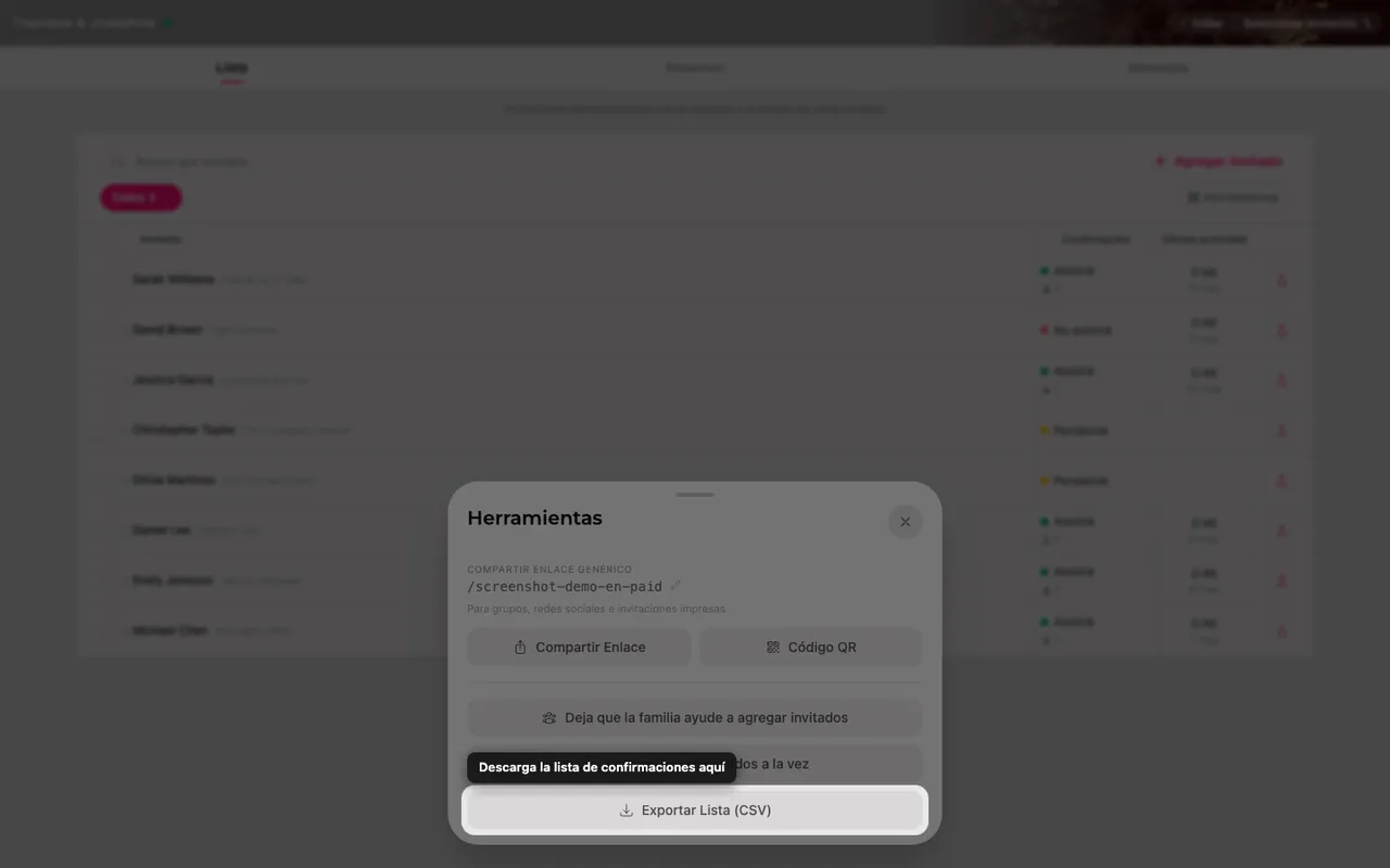 El botón exportar lista dentro del panel Herramientas