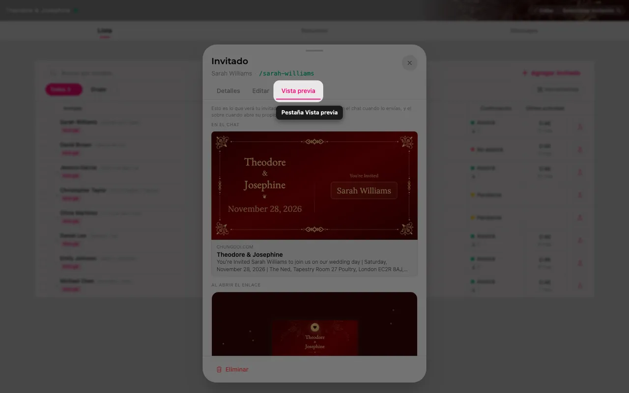 La pestaña de vista previa de una ficha de invitado, con la tarjeta del enlace y el sobre a su nombre