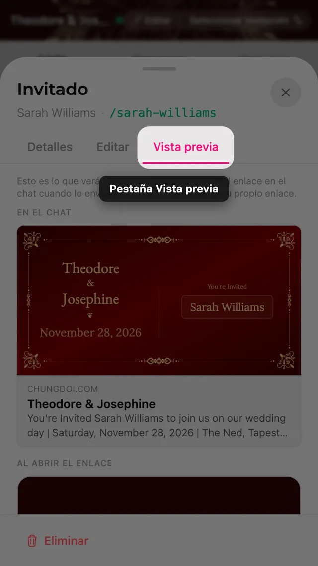 La pestaña de vista previa de una ficha de invitado, con la tarjeta del enlace y el sobre a su nombre
