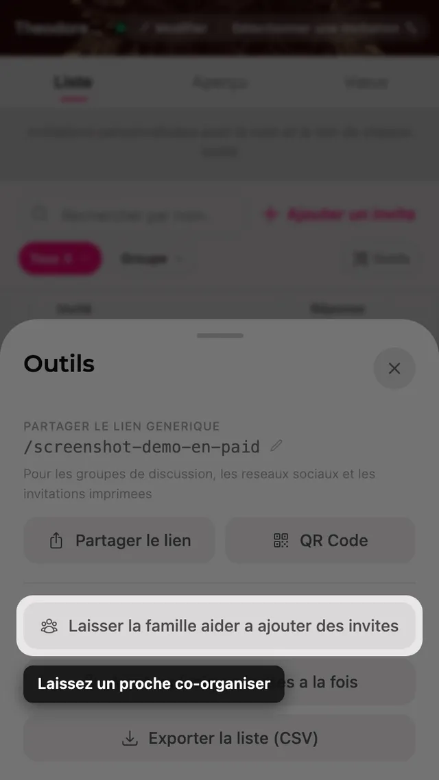 Le bouton inviter la famille à aider dans le panneau Outils