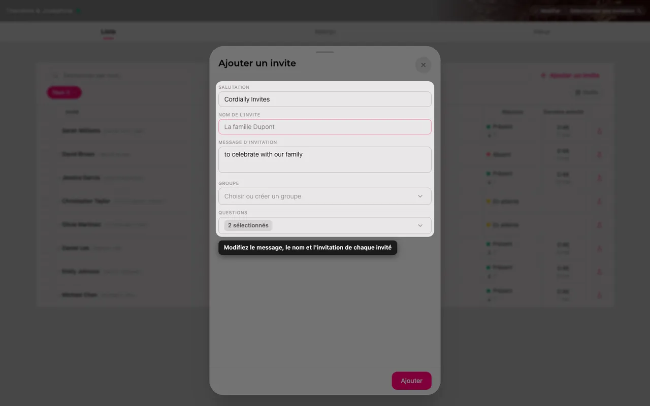 Le formulaire d'invité avec la ligne d'invitation, le nom, le message, le groupe et les questions