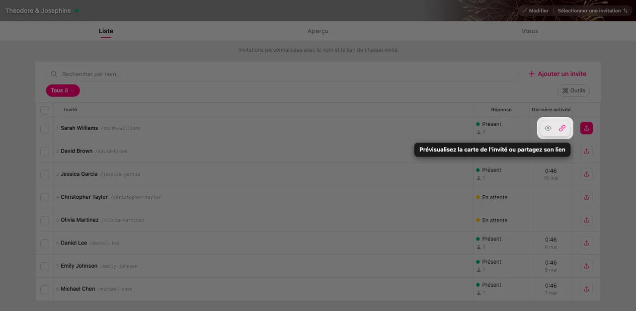 Les actions aperçu et partage sur une ligne d'invité