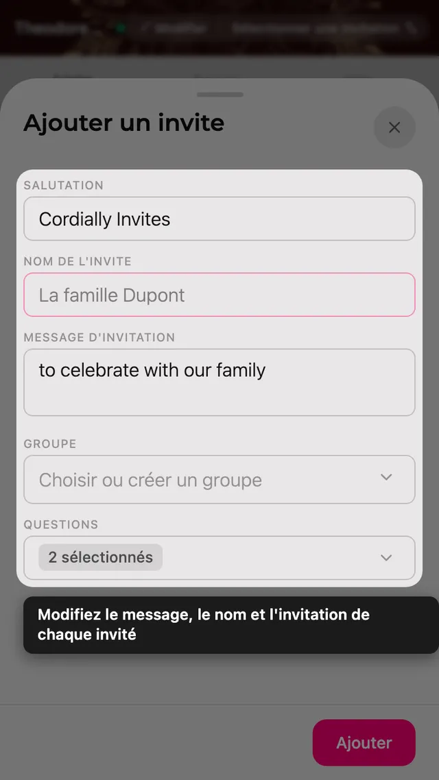 Le formulaire d'invité avec la ligne d'invitation, le nom, le message, le groupe et les questions