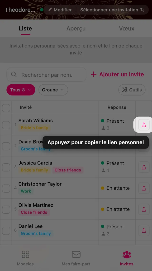 Le bouton copier au bout d'une ligne d'invité