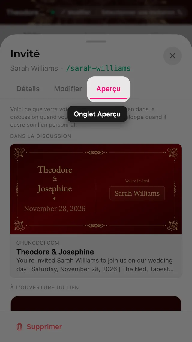 L'onglet aperçu d'une fiche invité, montrant l'aperçu du lien et l'enveloppe au nom de l'invité