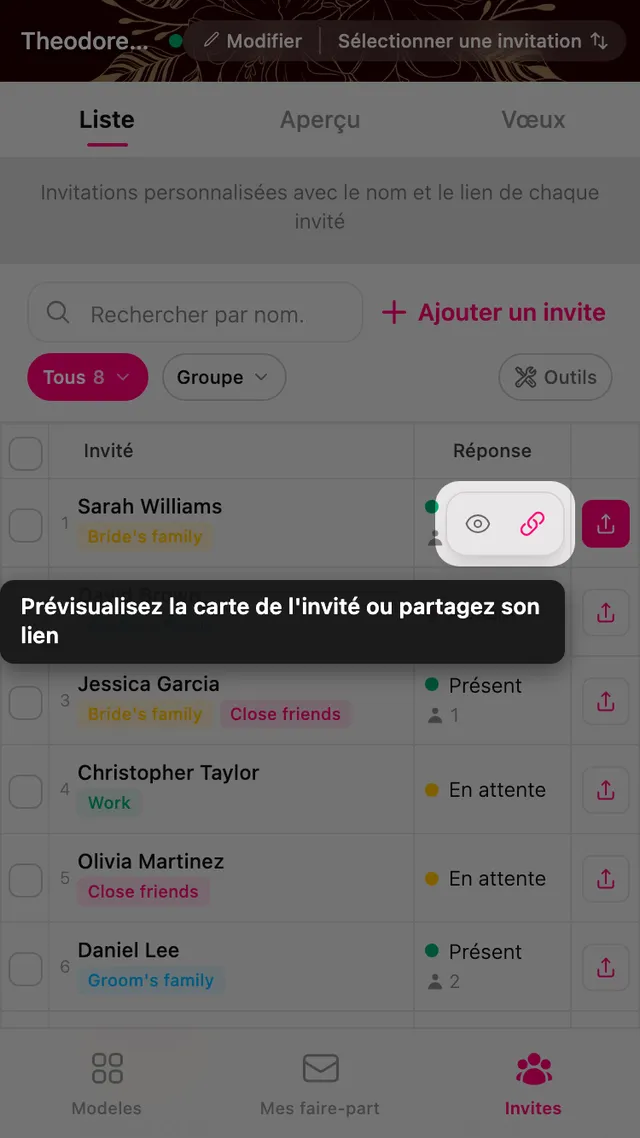 Les actions aperçu et partage sur une ligne d'invité