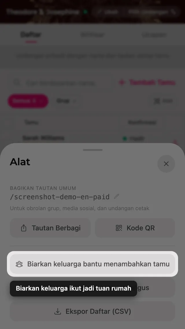 Tombol ajak keluarga membantu di dalam panel Alat