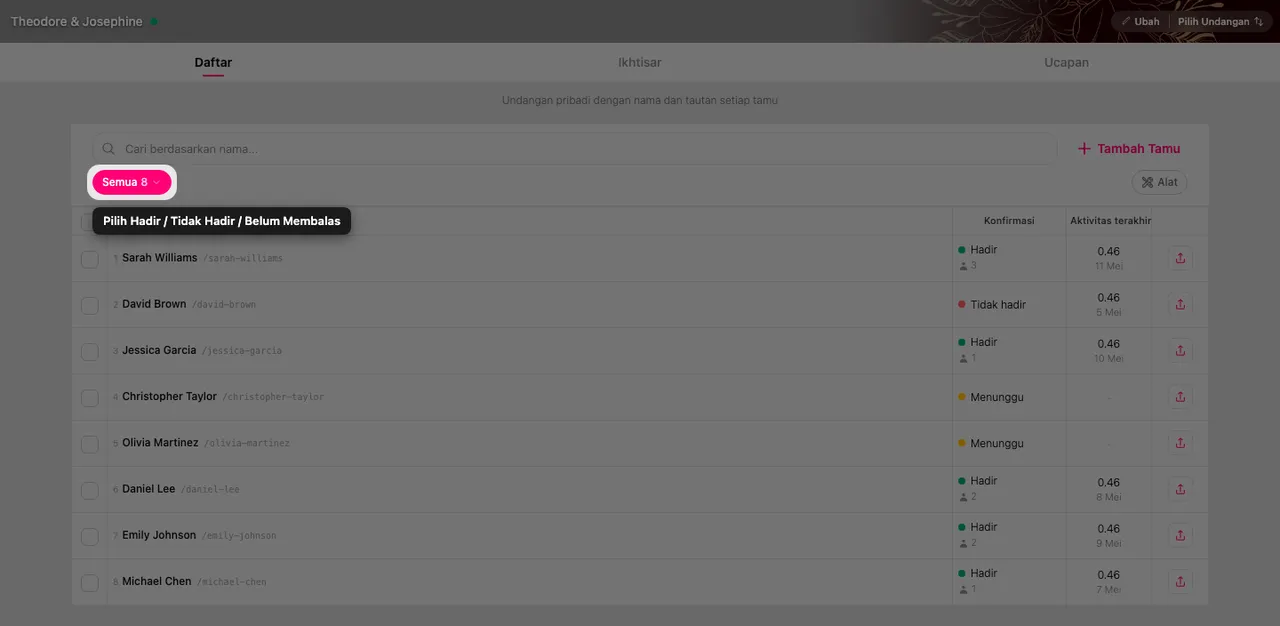Pil filter konfirmasi di atas daftar tamu