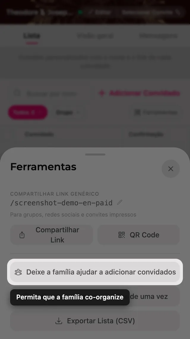 O botão convidar a família para ajudar dentro do painel Ferramentas