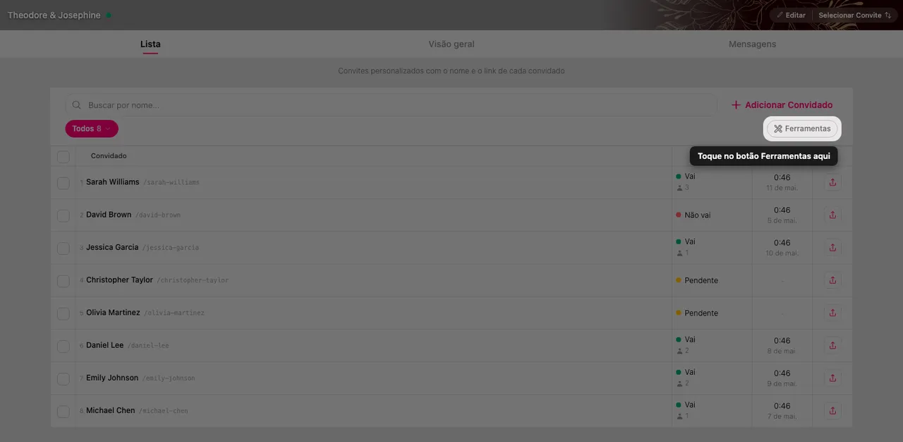 O botão Ferramentas no fim da linha de filtros do gerenciador de convidados