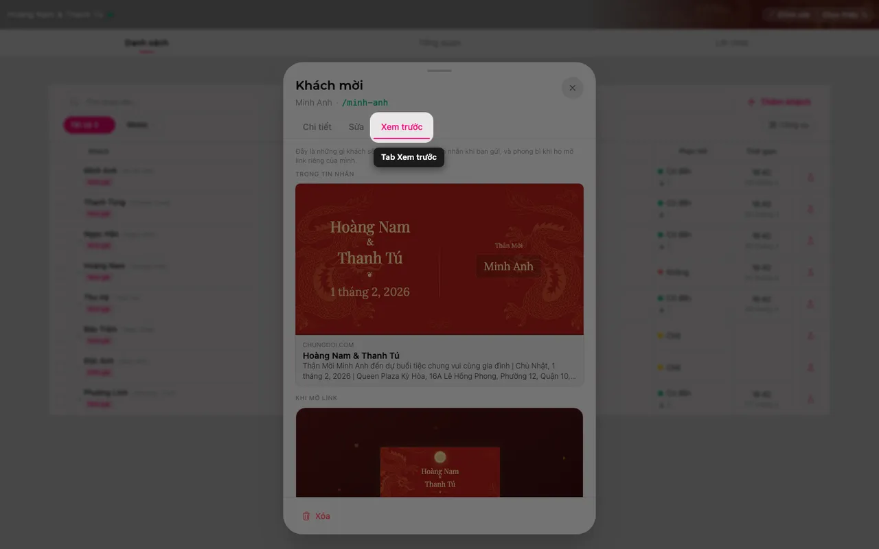 Tab Xem trước trong bảng chi tiết khách, hiện thẻ link và phong bì có tên khách