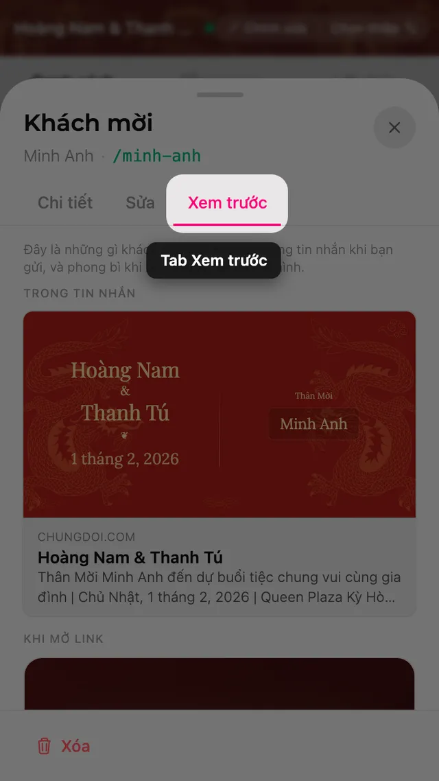 Tab Xem trước trong bảng chi tiết khách, hiện thẻ link và phong bì có tên khách