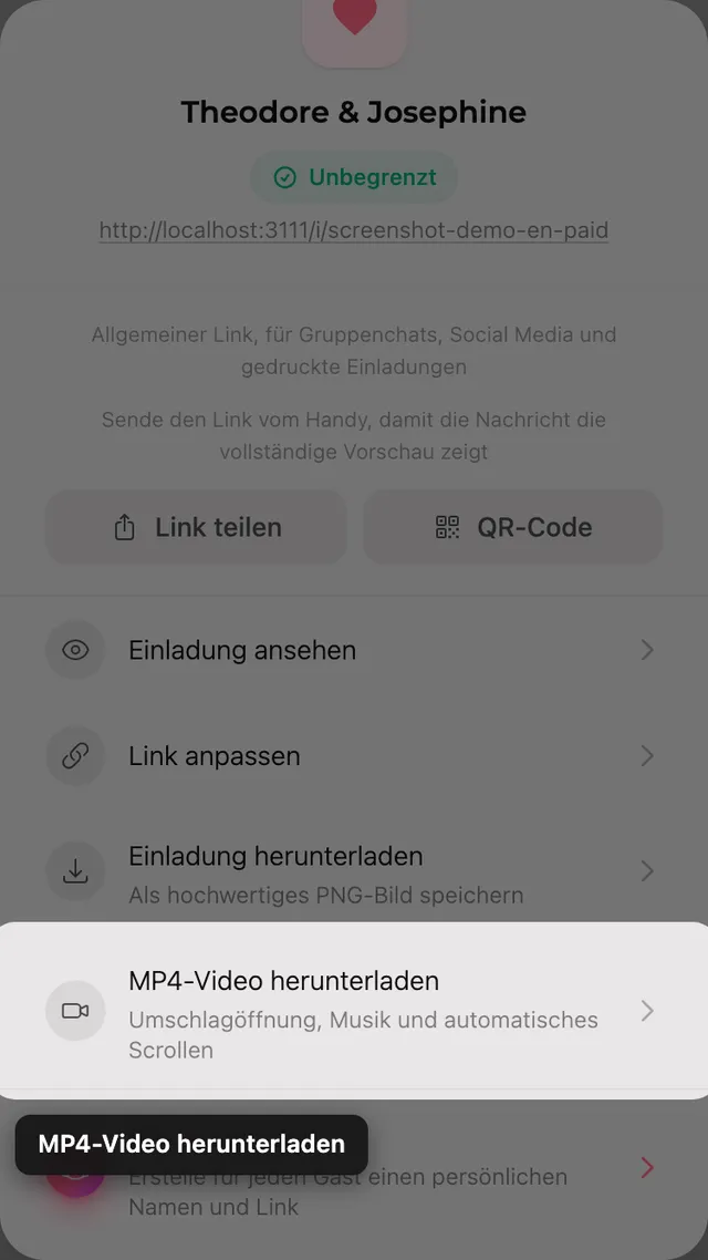 Die Schaltfläche zum Herunterladen des MP4-Videos im Teilen-Fenster