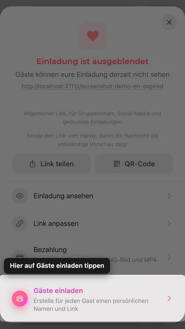 Die Option zum Einladen der Gäste im Teilen-Fenster