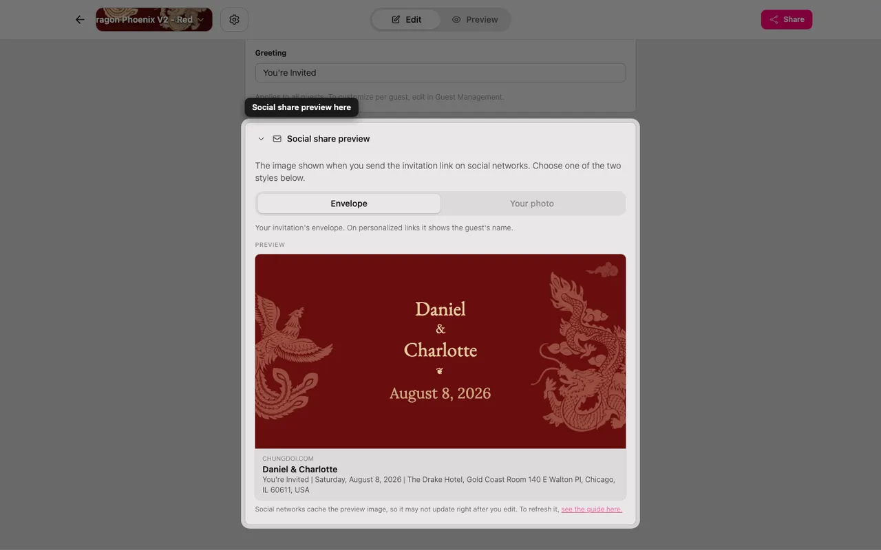 The social share preview section in the editor
