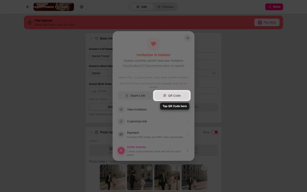 The QR code in the Share panel