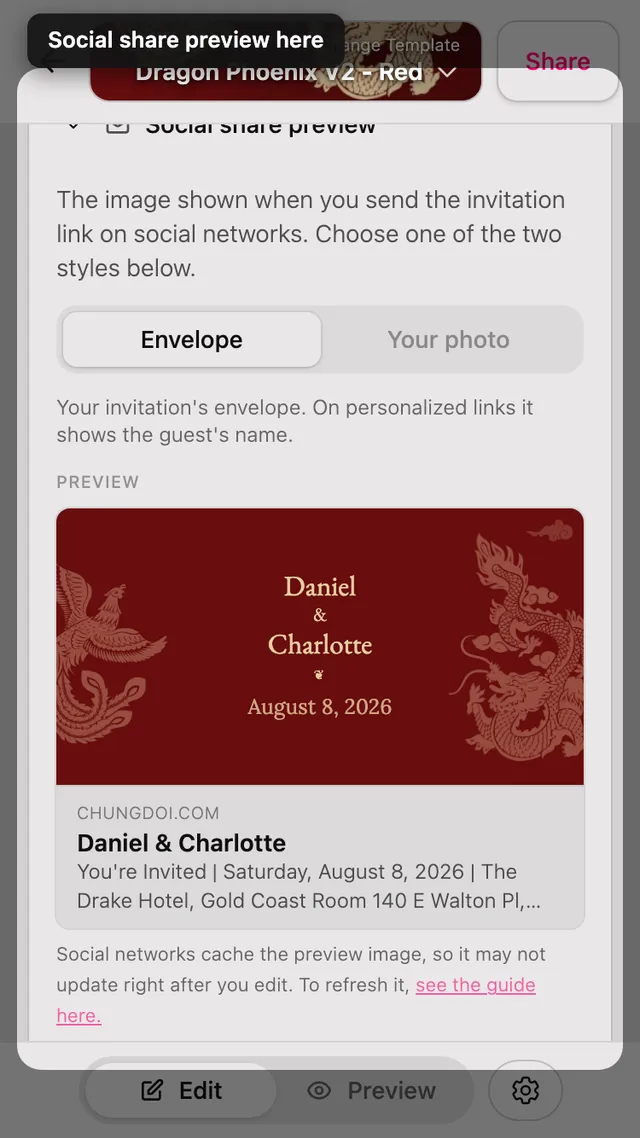 The social share preview section in the editor
