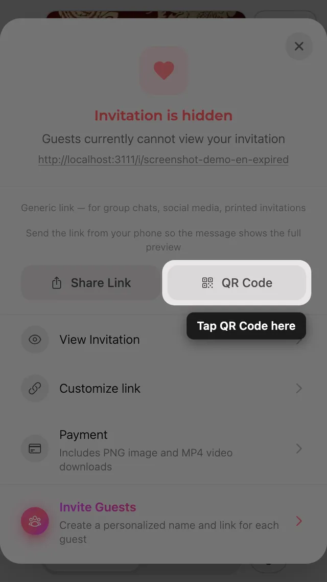 The QR code in the Share panel